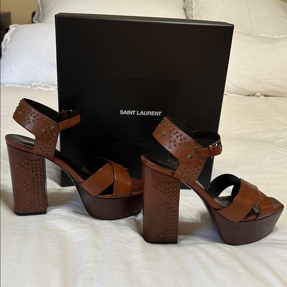 Saint Laurent Brown Studded Farrah Platform Sandals 40 - Picture 3 of 12